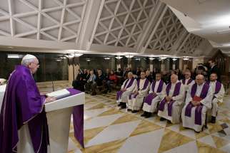 Pope Francis celebrates morning Mass in the chapel of his residence, the Domus Sanctae Marthae, at the Vatican Dec. 10, 2019. The pope said God will console anyone who lets himself or herself be consoled; all that is needed is to ask forgiveness.