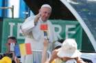 Pope Francis greets the crowd before celebrating a Divine Liturgy and the beatification of seven martyred bishops of the Eastern-rite Romanian Catholic Church at Liberty Field in Blaj, Romania, June 2, 2019.