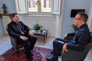 Cardinal-elect Francis Leo, the Archbishop of Toronto, sits down with Register reporter Quinton Amundson, December 6, 2024, for an interview at the Canadian Pontifical College in Rome the day before the Papal Consistory ceremony that welcomes him and 20 other Catholic leaders to the College of Cardinals.