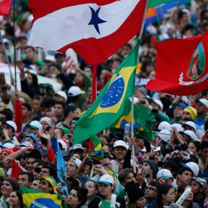 Flags from around the world are seen as pilgrims gather for the World Youth Day welcome ceremony with Pope Francis on Copacabana beach in Rio de Janeiro July 25.