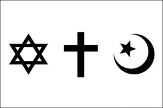 From top, symbols of Judaism, Christianity and Islam.
