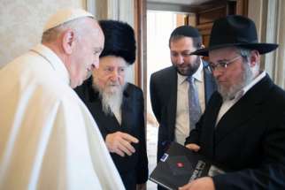Pope Francis meets with Rabbi Edgar Gluck, chief rabbi of Galicia, centre left, during a private audience at the Vatican on May 8, 2017. 