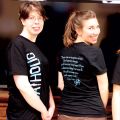 Student Colleen Duggan (left) from the Atlantic School of Theology, CCO staff member Julia Bolzon and Saint Mary’s University student Ashley Kennedy sport CCO Halifax’s custom made Catholic T-shirts. The shirts, with words from Pope Francis running down the back, are a source of pride for the wearer and a potential tool of evangelization.