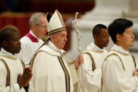 Pope Francis arrives to lead a prayer vigil opening a month dedicated to missionaries, in St. Peter&#039;s Basilica at the Vatican Oct. 1, 2019.