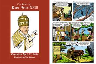 The cover and a sample page of the comic book &quot;The Story of Pope John XXIII.&quot; The book is a reissue of a profile written and drawn by Joe Sinnott, an artist known for inking some of the most memorable Marvel titles from the Golden Age of comics.
