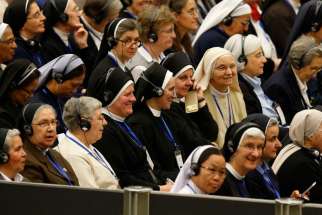 The heads of women&#039;s religious orders attend an audience with Pope Francis in Paul VI hall at the Vatican May 12. During a question-and-answer session with members of the International Union of Superiors General, the pope indicated his willingness to establish a commission to study whether women could serve as deacons.