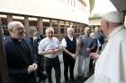 Pope Francis talks with members of the Society of Jesus at the apostolic nunciature in Bratislava, Slovakia, Sept. 12. During a private meeting, the Pope spoke to the Jesuits about his health, the pastoral work of Jesuits in Slovakia and his recent apostolic letter about the Latin Mass.