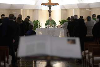 Pope Francis celebrates morning Mass in the chapel of his residence, the Domus Sanctae Marthae, at the Vatican Feb. 28, 2019. In his homily, the pope said that God&#039;s wrath is just as great as his mercy for those who refuse to change their sinful ways.