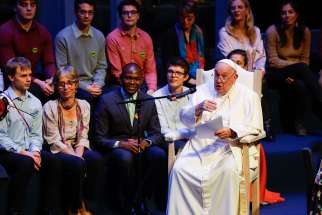 Pope Francis speaks during a meeting with university students at the French-speaking UCLouvain campus in Louvain-La-Neuve, Belgium, Sept. 28, 2024. Founded in 1425, the world&#039;s oldest Catholic university was celebrating its 600th anniversary.