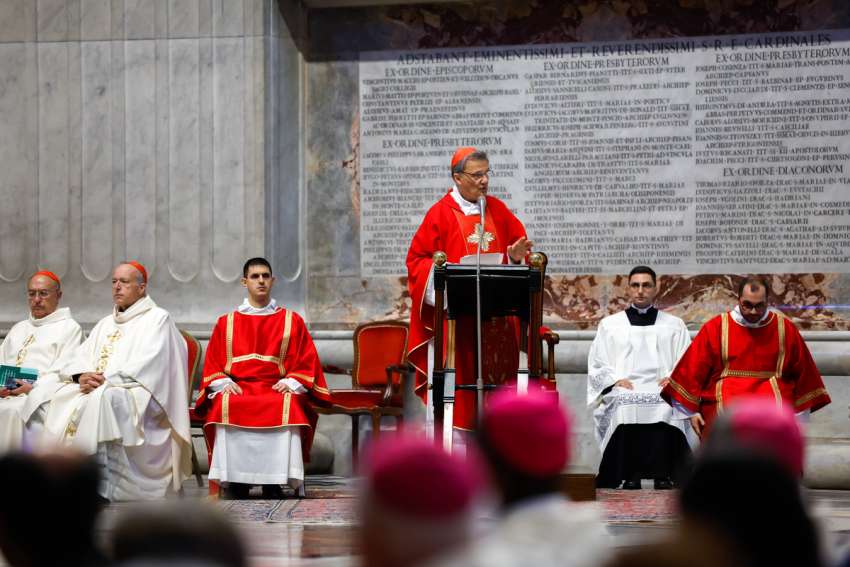 Cardinal Mario Grech, secretary-general of the synod, delivers his homily during Mass with synod participants at the Altar of the Chair in St. Peter’s Basilica at the Vatican, Oct. 21, 2024.