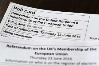 A poll card regarding the referendum on the United Kingdom&#039;s membership of the European Union is seen in London May 23. Bishop Kenney said European Funding for Catholic aid agencies could be withdrawn if Britain leaves the European Union.