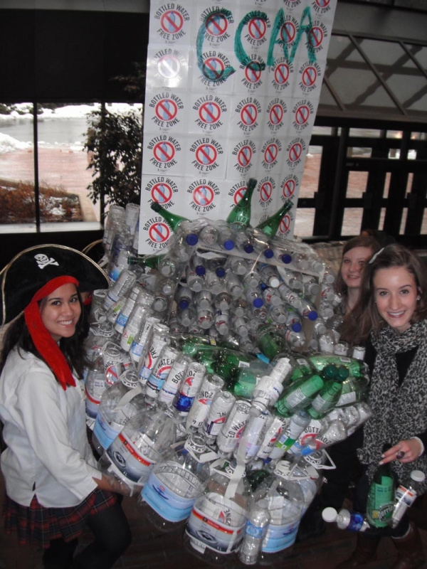 Students from Cardinal Carter Academy for the Arts hold their pirate ship made from plastic water bottles during a rally held on Bottled Water-Free Day at the Catholic Education Centre in March. From left to right, Ann Blennerhassett, Clare Wheeler and Madeline Della Mora.