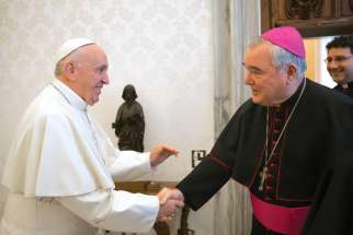 Pope Francis greets Archbishop Richard Gagnon of Winnipeg during a meeting with representatives of the Canadian Conference of Catholic Bishops at the Vatican last December. Gagnon is the new president of the CCCB.