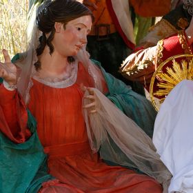 Mary looks at the covered baby Jesus in the Nativity scene in St. Peter&#039;s Square at the Vatican Dec. 23. The Nativity scene created by artisans from Naples will be unveiled Christmas Eve.