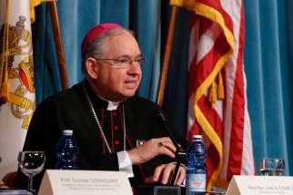 Archbishop Jose H. Gomez of Los Angeles says the California Senate’s decision to legalize physician-assisted suicide is a distraction from discussing public health issues like Alzheimer’s and Parkinson’s. He is pictured at a symposium in Rome May 2.
