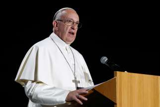 Pope Francis speaks at an ecumenical event at the Malmo Arena in Malmo, Sweden, Oct. 31.