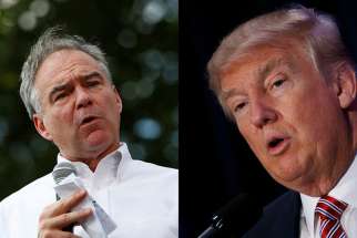 Democratic vice presidential nominee Tim Kaine, left, speaks at Fort Hayes Metropolitan Education Center in Columbus, Ohio, on July 31, 2016. Photo courtesy of REUTERS/Aaron P. Bernstein At right, Republican presidential nominee Donald Trump speaks at an American Renewal Project event at the Orlando Convention Center in Orlando, Fla., on Aug. 11, 2016.