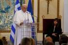 Pope Francis speaks as Greek President Katerina Sakellaropoulou looks on during a meeting with government authorities, civic leaders and the diplomatic corps at the presidential palace in Athens, Greece, Dec. 4, 2021.