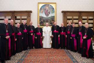Pope Francis is pictured with U.S. bishops from Arizona, Colorado, New Mexico, Utah and Wyoming during their &quot;ad limina&quot; visits to the Vatican Feb. 10, 2020. The bishops were making their &quot;ad limina&quot; visits to report on the status of their dioceses.