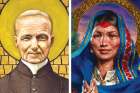 St. André Bessette, left, a Holy Cross Brother and founder of St. Joseph’s Oratory of Mount Royal in Montreal, is depicted in a painting at St. Patrick’s Basilica in Montreal. At right, a painting portraying St. Kateri Tekakwitha is seen during a Mass of thanksgiving celebrated in honour of her at the Shrine of Our Lady of Martyrs in Auriesville, N.Y.
