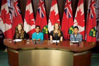 Abigail Persaud, Faiza Haque, Nicole Posluszny and Jenna Langelaan held a news conference on May 28 as student representatives of the Girls Government program at Waterloo, Ont.’s Lester B. Pearson Public School and St. Luke’s Catholic Elementary School.