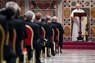 Pope Francis leads an annual meeting to exchange greetings for the new year with diplomats accredited to the Holy See, at the Vatican Jan. 7. 