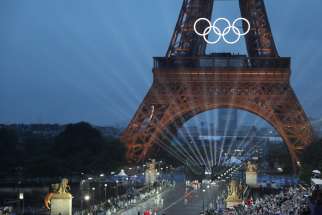 The Eiffel Tower is seen July 26, 2024, during the opening ceremony of the Paris 2024 Olympic Games.