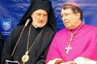 Archbishop Elpidophoros of the Greek Orthodox Archdiocese of American and Archbishop Christophe Pierre, apostolic nuncio to the United States, are seen at the In Defense of Christians Ecumenical Prayer Service July 15, 2019, in Washington. The prayer service opened the second annual Ministerial to Advance Religious Freedom, taking place July 16-18, 2019, and convening government officials, representatives of international organizations, faith leaders, rights advocates and members of civil society organizations from around the world to discuss challenges to religious freedom.