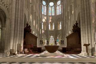 The liturgical furniture designed by designer and sculptor Guillaume Bardet, seen in an undated photo, is composed of five elements in the restored Notre Dame Cathedral in Paris: the altar, the cathedra and the associated seats, the ambo, the tabernacle and the baptistery. Each of the pieces was designed in sculpted bronze, a material offering a powerful, timeless and luminous aesthetic.