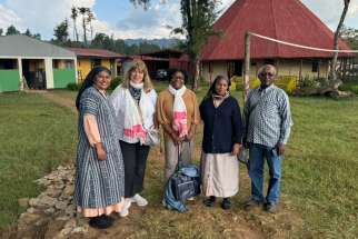 Adriana Bara, national director of CNEWA Canada, recently returned from a trip to Ethiopia where over seven days she and her colleagues visited 20 of the organization’s 200 projects there. Above, Bara, second from left, met with Sr. Tessa (far left) and Sr. Surabhila, second from right, who serve at a CNEWA-funded medical clinic in one of the poorest communities in the nation. Sr. Surabhila has undergone a transformation and healing process after being held hostage by terrorists.