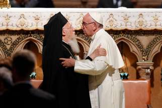 Pope Francis embraces Ecumenical Patriarch Bartholomew of Constantinople Sept. 20, 2016. Pope Francis told a delegation from the Ecumenical Patriarchate of Constantinople June 27 that unity is not just ‘bland uniformity.&#039;