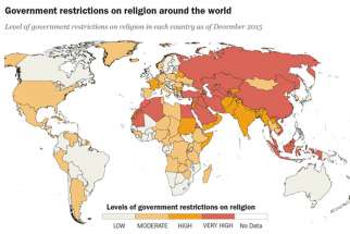 According to the latest study from Pew Research Center, restrictions on religion due to government policies or actions increased in 2015, reversing the downward trends seen in years past.