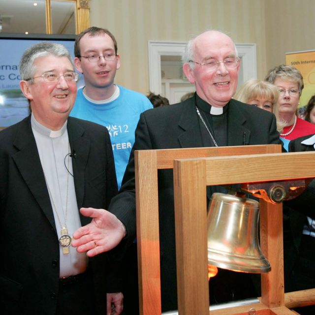 Dublin Archbishop Diarmuid Martin, left, stands with Cardinal Sean Brady as they announce plans for the 50th International Eucharistic Congress last year. The congress will take place in the Dublin Archdiocese June 10-17.