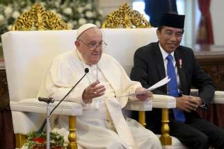 Pope Francis delivers his speech to President Joko Widodo of Indonesia and government and political leaders, diplomats and representatives of civil society during a meeting at Istana Negara, a national palace in Jakarta, Indonesia, Sept. 4, 2024.