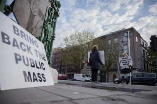 Concerned Catholics protest Ireland&#039;s ongoing cancellation of public Mass in Cork City April 29, 2021, during the COVID-19 pandemic. The Irish government has confirmed that a controversial COVID-19-related ban on Catholics attending Mass will be lifted May 10.