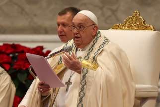 Pope Francis gives his homily during Mass in St. Peter&#039;s Basilica at the Vatican Jan. 1, 2025, the feast of Mary, Mother of God, and World Peace Day.