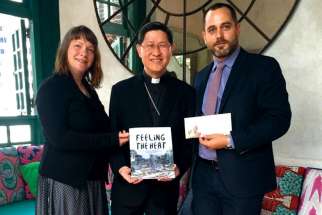 Development and Peace advocacy officer Genevieve Talbot, left, Cardinal Luis Antonio Tagle and Development and Peace deputy director of in-Canada programs Ryan Worms in New York for high level UN climate change meetings Sept. 25-27.