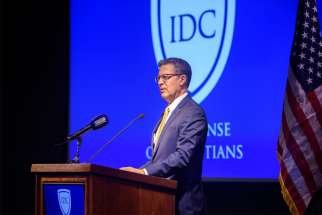 Sam Brownback, ambassador-at-large for international religious freedom, gives a keynote address in Washington Sept. 10, 2019, at the sixth annual Solidarity Dinner hosted by In Defense of Christians. He urged more prayer and action to continue supporting persecuted Christians in the Middle East.