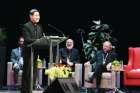 Cardinal Luis Antonio Tagle addresses 2,700 people at the Queen Elizabeth Theatre in Vancouver March 19. Among his audience was Ukrainian Bishop Ken Nowakowski, centre, and Archbishop J. Michael Miller. 