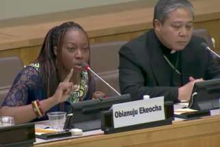 Obianuju Ekeocha speaking at a United Nations conference hosted by the Holy See on maternal health care and the authentic needs of African women Mar. 17, 2016.