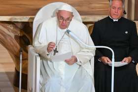 Pope Francis speaks during a meeting with Indigenous peoples and members of the parish community of Sacred Heart Church in Edmonton, Alberta, July 25, 2022.