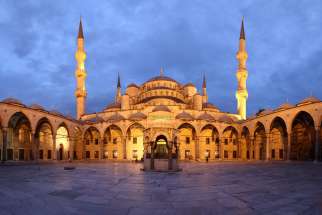  A panoramic view of the courtyard of the Blue Mosque, in Istanbul, Turkey.