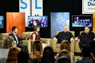 Emilie Callan, middle, served as a host of the National Youth Forum organized by Salt and Light TV in Nov. 2017.  