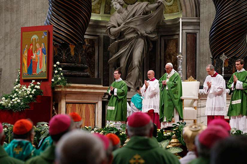 Pope Francis celebrates the closing Mass of the Synod of Bishops on the family in St. Peter&#039;s Basilica at the Vatican Oct. 25.