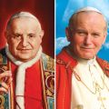 Pope Francis has set April 27 as the date for the canonization of Blessed John XXIII and Blessed John Paul II. The two pontiffs will become saints on Divine Mercy Sunday, and the ceremony should draw crowds greater than one million to the Vatican. John XXIII is depicted in a painting from a museum in his Italian birthplace. John Paul II is shown in a composite featuring an image of him by Polish photographer Grzegorz Galazka.