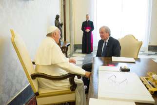 Pope Francis meets Libero Milone, then the Vatican&#039;s auditor general, at the Vatican April 1, 2016. 