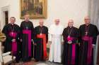  Pope Francis stand with representatives of the Chilean bishops&#039; conference at the Vatican Jan. 14. The pope and the leadership of the conference met to talk about the sex abuse crisis affecting the church in Chile. Pictured from left are Archbishop Rene Osvaldo Rebelledo Salinas of La Serena, vice president of the conference; Bishop Santiago Silva Retamales of the military ordinariate, president of the Chilean bishops&#039; conference; Cardinal Ricardo Ezzati Andrello of Santiago; Pope Francis; Auxiliary Bishop Fernando Ramos, apostolic administrator of Rancagua; and Bishop Juan Ignacio Gonzalez Errazuriz of San Bernardo.