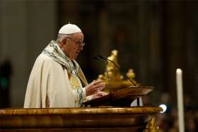 Pope Francis speaks as he leads a prayer service on New Year&#039;s Eve in St. Peter&#039;s Basilica at the Vatican Dec. 31, 2019.