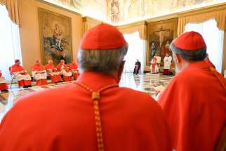 Pope Francis holds a consistory at the Vatican July 1, 2024, with cardinals living in Rome to approve the canonization of several sainthood candidates.