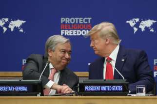 U.N. Secretary-General Antonio Guterres, a Catholic, greets U.S. President Donald Trump during the &quot;Global Call to Protect Religious Freedom&quot; event at U.N. headquarters in New York City Sept. 23, 2019.
